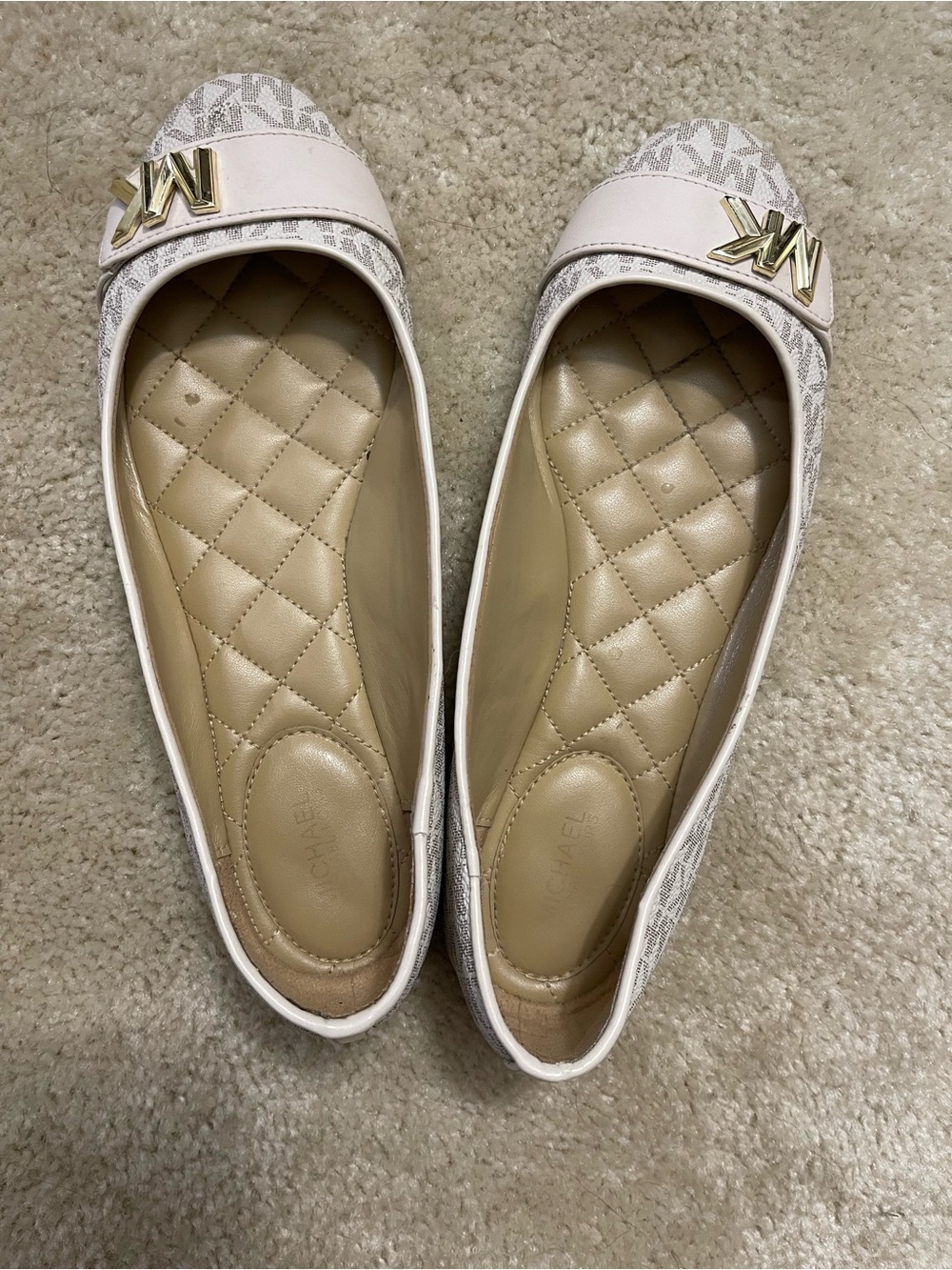 Michael Kors White Logo Quilted Insole Ballet Flats with Gold MK